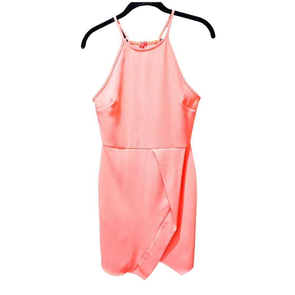 Everly Halter Faux Wrap Bright Pink Mini Dress Asymmetrical Hem Size M